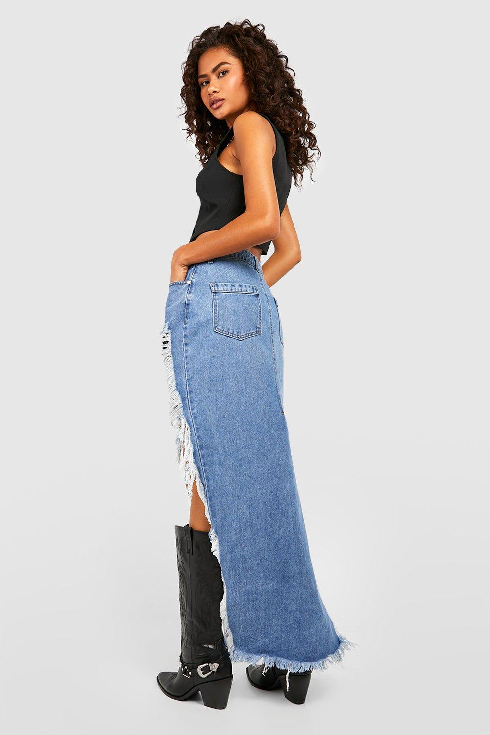 Distressed denim long skirt best sale